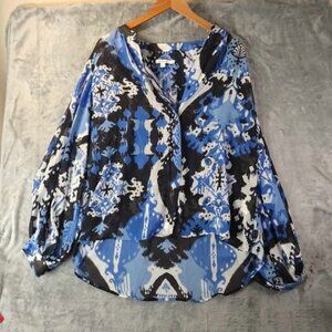 Chicos L Blue Black Abstract Print LongSleeve Boho highlow sheer tunic style Top